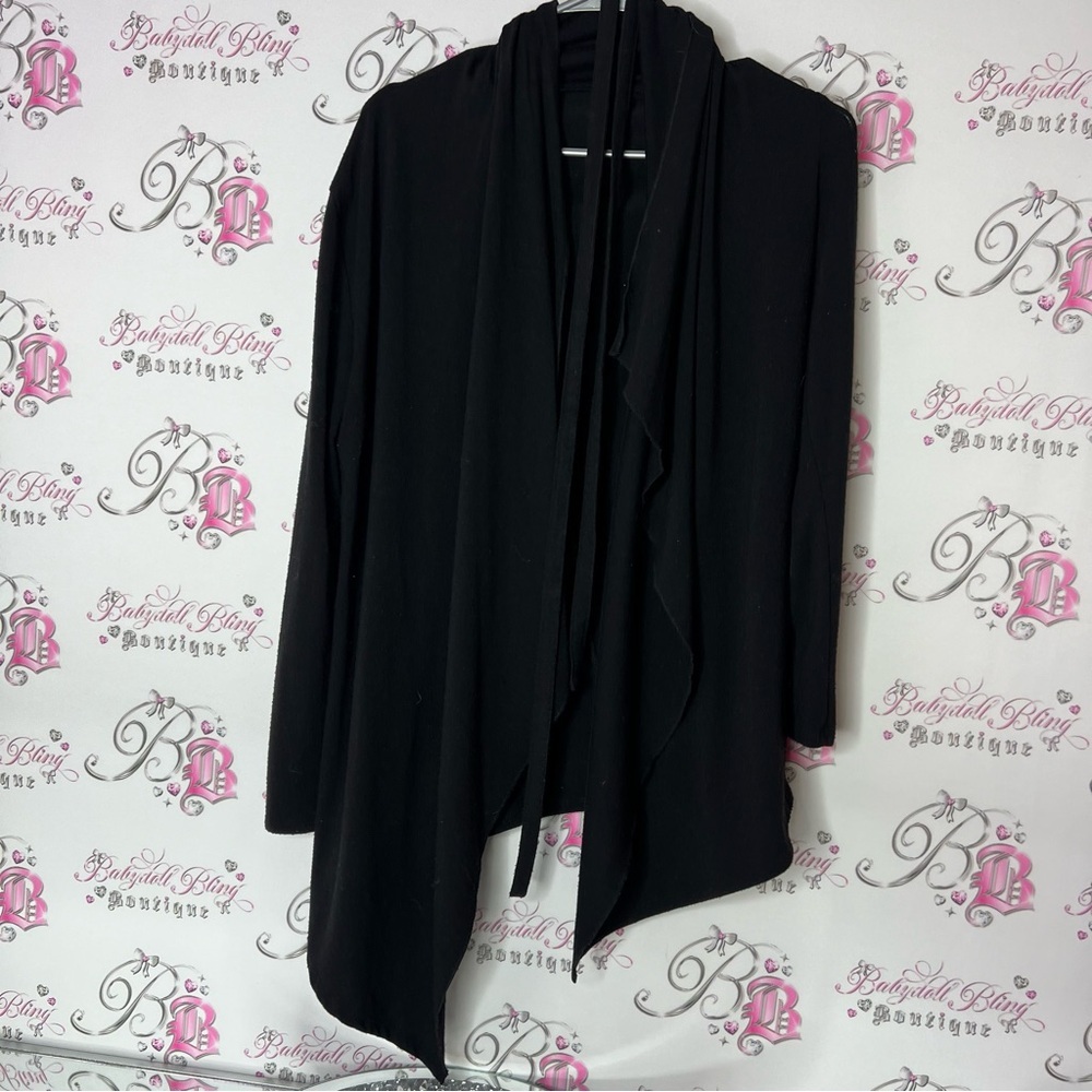 Liz Lange Black Cardigan Sweater Waterfall Front tie up belted belt